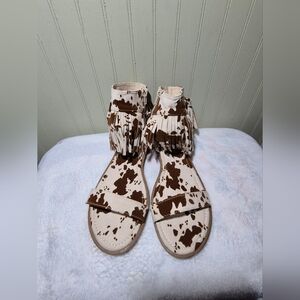 Cow Print Fringe Sandals